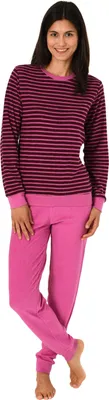Produktbild von Lässiger Damen Frottee Pyjama langarm mit Bündchen in Streifenoptik - 291 201 13 776 ; beere , 36/38