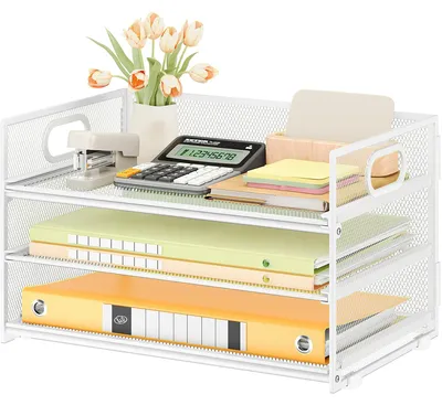 Image de Organisateur de bureau à 3 niveaux avec poignée et bac à lettres coulissant - Blanc