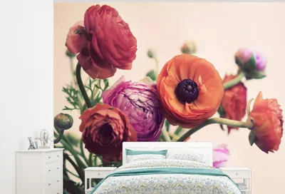 Produktbild von MuchoWow® Fototapete für Wohnzimmer oder Schlafzimmer Wandtapete Vinyl Motivtapete Rosa und orangefarbene Butterblumen - 325x260 cm - Tapete