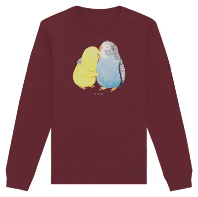 Produktbild von Mr. & Mrs. Panda Bio Baumwoll Pullover Wellensittich Liebe Größe S - Burgundy - Geschenk, Sweater, Pulli, Sweatshirt, Umarmen, Freundin, Bio-Pullover, Vögel, Verknallt