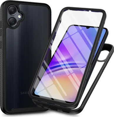 A black phone case with a transparent screen protector is shown, with a phone inside the protector.