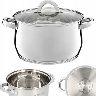 A stainless steel pot with a glass lid is shown from multiple angles.
