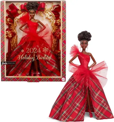 A Barbie doll in a red holiday dress, shown both in its packaging and displayed separately.