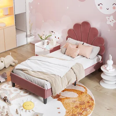 Produktbild von Polsterbett 90x200 Kinderbett mit Lattenrost, Kopfteil in Blumenform, Samtstoff in Bohnenrot, Jugendbett für Mädchen und Gästezimmer