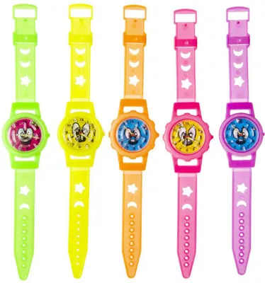 Five colorful children's watches are displayed side-by-side against a white background.