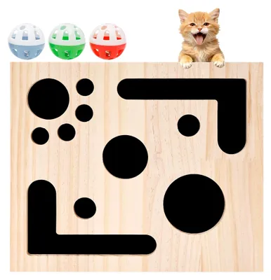 Produktbild von Krallenfeile für Katzen, 29,5×24,5×6 cm, interaktive Kratzspielbox aus Holz mit Sandpapier und 3 Klingelbällen
