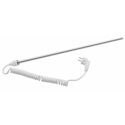 A silver heating element with a white coiled cord and plug on a white background.