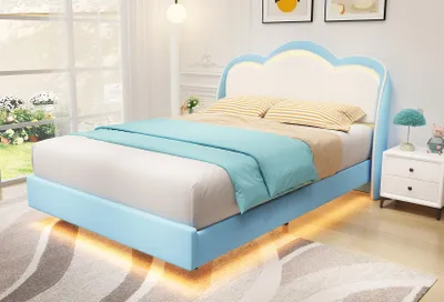 Image de Lit rembourré HOMAVO 90 x 200 cm, lit d'enfant, lit simple avec éclairage LED, lit rembourré en velours avec motif nuages, lit suspendu