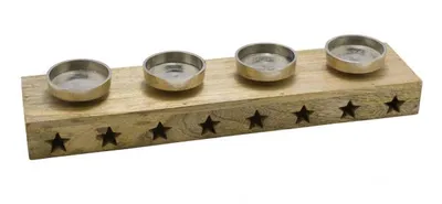 Produktbild von NEU Adventsholzleiste mit 4 Kerzenhaltern, silber / natur, 50 x 12 x 7 cm, "Germany", handgefertigt