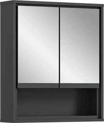A dark gray bathroom cabinet with two mirrored doors and an open shelf below.