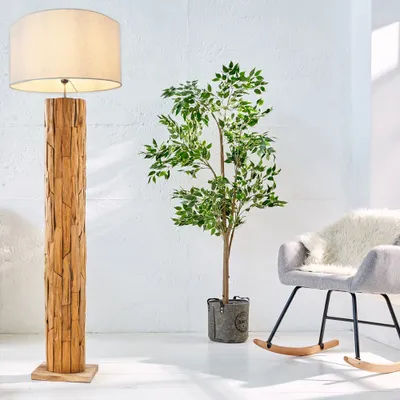 Produktbild von cagü: Unikat Stehlampe SABAH Beige Rund Leinenschirm aus Teak-Treibholz handgefertigt 160cm Höhe