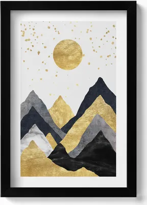Produktbild von Abstrakte Landschaft mit goldenen Bergen und Sonne– Wandbild mit Rahmen – Gerahmtes Bild  – Wanddekoration – 20x30 cm – Schwarz