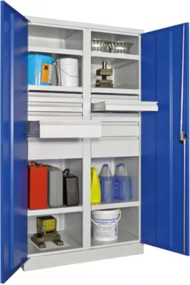 Produktbild von Schwerlastschrank - Vollblechtüren - Trennwand - 6 Böden, 10 Schubladen - 1.950x1.040x630 mm (HxBxT) - enzianblau/lichtblau