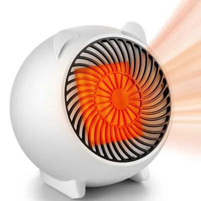 A white, spherical electric heater with a black grille and an orange heating element is shown against a white background. Heat waves emanate from the grille.