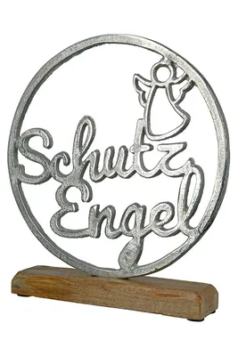 Produktbild von GILDE Standrelief, rund, "Schutzengel", Engelmotiv, Schriftzug, Aluminium, Mangoholz, silberfarben, , L. 5 cm, B. 22 cm, H. 25 cm 48229