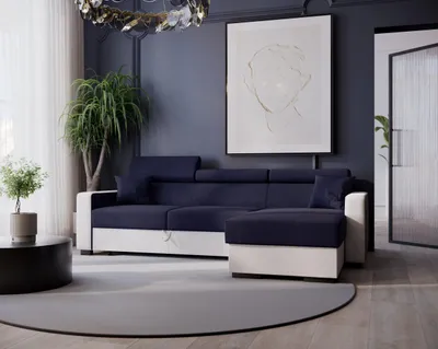 Produktbild von GOLDSTOFF DIWIA Ecksofa 202 x 130 cm mit Schlaffunktion & Bettkasten – Schlafsofa L-Form mit Kopfstützen Stauraum (Blau+Weiß)