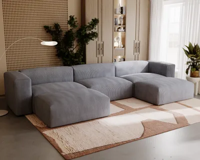 Produktbild von FURMEB24 Ecksofa LILI U-Form mit Ottomane, HR-Schaum, Cordstoff 348 x 180 cm BLAU