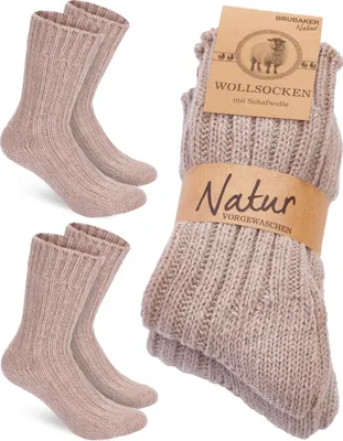 Image de BRUBAKER 2 paires de chaussettes en laine - Chaussettes d'hiver pour femmes et hommes - Chaussettes d'hiver chaudes - Chaussettes thermiques en tricot, Beige, taille 43-46