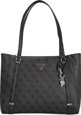 A black Guess shopper bag with a repeating logo pattern and a gold-colored key charm.