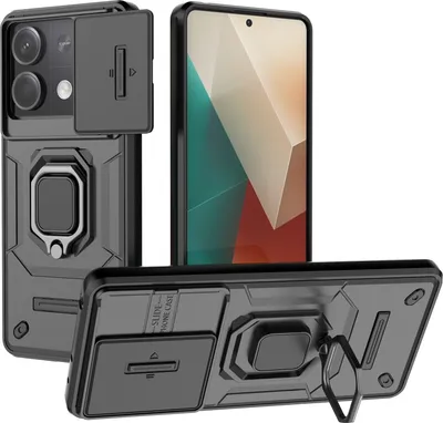 Image de Étui pour Xiaomi Redmi Note 13 5G étui double couche avec protection coulissante de l'appareil photo et support d'anneau, stand noir