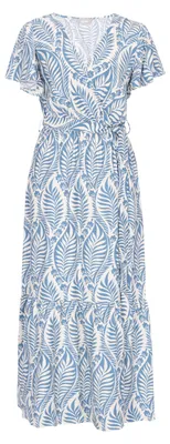 Produktbild von Damen Maxi-Wickelkleid mit V-Ausschnitt, kurzen Rüschenärmeln, floralem Muster und Gürtel, grau, Größe M