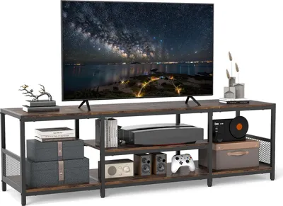 Zdjęcie produktu dla KOMFOTTEU Szafka pod telewizor z 5 otwartymi półkami i regulowanymi nóżkami, niska szafka pod telewizor do 65 cali, szafka pod telewizor z metalową ramą, 150 x 40 x 45 cm, do salonu, sypialni