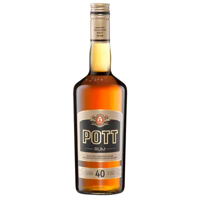 A bottle of Pott Rum on a white background.