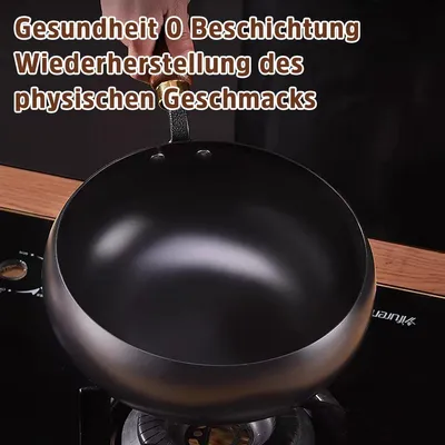 Produktbild von Schmiedeeisenpfanne 24 cm, tiefe Eisenpfanne für Induktion & Gas, ohne PTFE-/PFOA-Antihaftbeschichtung, Holzgriff, zum Braten, Schmoren und Dünsten