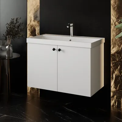 Produktbild von Waschtisch Set Mimoza | Waschtisch mit Unterschrank Weiß | Badschrank & Keramik  mit Einbauwaschbecken