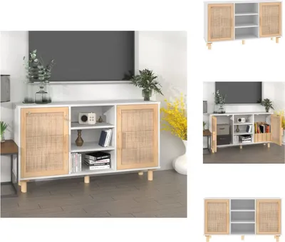 Produktbild von vidaXL Sideboard Weiß 105x30x60 cm Massivholz Kiefer und Natur-Rattan -  Sideboards
