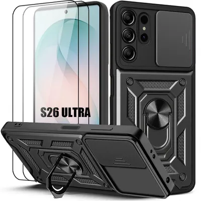 Image de Coque + 2 Verres Trempés pour Samsung Galaxy S26 Ultra, avec Anneau et Protection Caméra - Noir