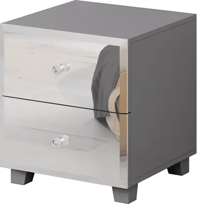 Image de Table de chevet LIVORA – 2 tiroirs – Gris et miroirs – Design moderne