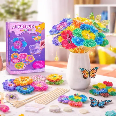 Produktbild von Bastelset Kinder Blumenstrauß DIY – Kreativset mit 8 Blumen, 2 Schmetterlingen, Holzstäben, Stoffpapier & Lichterkette – Geschenkidee