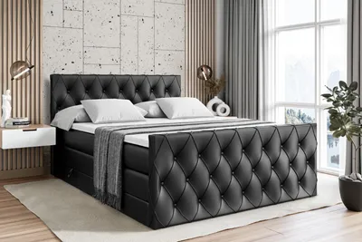 Produktbild von ALTDECOR Boxspringbett mit Matratze und Lattenrost  - AMAY KING  - 200x200 cm  - Schwarz Kunstleder - Topper, Fußteil, Polsterbett mit Bettkasten, Bett mit Stauraum H3 - und H4 - Matratze, Doppelbett, Springboxbett
