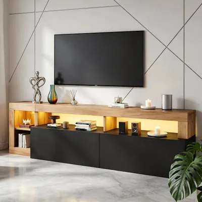 Image de Meuble TV Merax avec éclairage LED pour téléviseurs de 80 pouces, meuble bas TV avec espace de rangement ouvert et gestion des câbles, meuble de salon avec portes coulissantes en MDF, noir