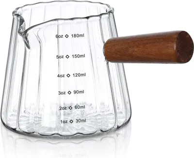Produktbild von 180ml Espresso Messbecher Glas mit Holzgriff, Transparent Doppel-Ausgießer Dreifachkrug Messgläser for Kaffee Milch, Borosilikatglas Measuring Cup