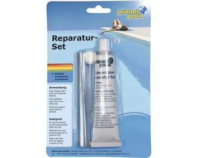 A product package for an underwater repair kit, showing a person relaxing by a pool.