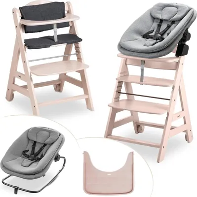 Produktbild von Holz-Kinderstuhl – Baby-Essstuhl – Ab Geburt verwendbar – Inklusive Babywippe – 58 x 48 x 79 cm