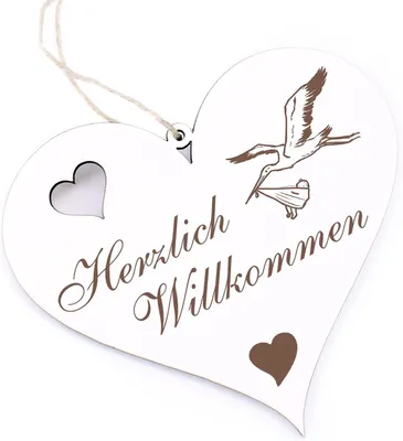 Produktbild von Willkommensschild, Storch mit Baby, Holz Herz, Dekoration, für Tür
