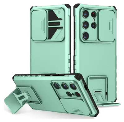 Image de Étui pour Samsung Galaxy S25 Étui de protection militaire double couche avec béquille et protection coulissante de l'appareil photo Vert clair