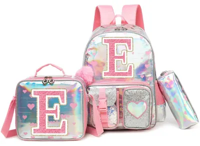 Immagine prodotto di Zaino per scuola, set da 3 pezzi per bambine, con borsa per il pranzo e astuccio, rosa, con la lettera E