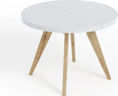 Produktbild von Runder Ausziehbarer Tisch für Esszimmer, LORA, Loft-Stil, Skandinavische, Durchmesser: 90 / 140 cm, Farbe: Weiß / Buche Natur