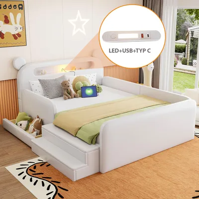 Immagine prodotto di Lettino per bambini Flieks 140x200 cm con luce notturna e porta USB, lettino imbottito a forma di orso, lettino gioco matrimoniale con scaletta e cassetto, ecopelle, bianco