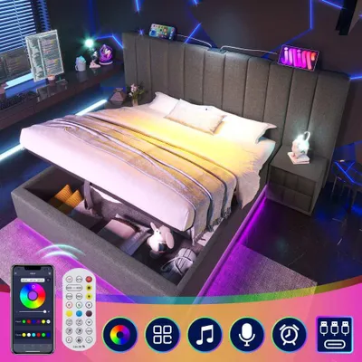 Productafbeelding van Modern gestoffeerd bed in grijs met LED-bediening via app en USB-C-oplaadfunctie, inclusief opbergruimte, lattenbodem, linnen bekleding, zonder matras, 180x200 cm
