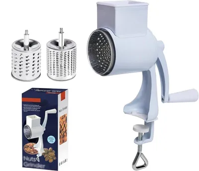 Zdjęcie produktu dla Obrotowa tarkownica do sera – ręczna tarkownica bębnowa – 2 bębny ze stali nierdzewnej – do sera, orzechów, warzyw i suszonych owoców – kolor biały