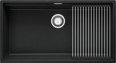 Produktbild von PRIMAGRAN Unterbauspüle Granit Anthrazit 86x47cm, Spülbecken 1 Becken + Ablauf-Set + Aufrollbare Abtropffläche, Granitspüle ab 90er Unterschrank - Praga