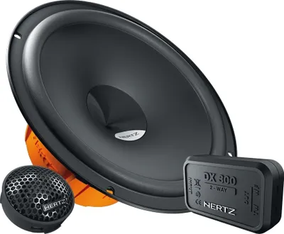 A car speaker system, including a woofer, a tweeter, and a crossover, is displayed against a white background.