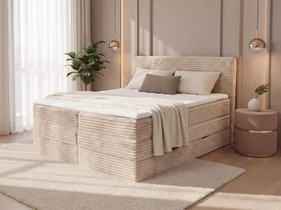Produktbild von Boxspringbett Mollo XL mit 2 Bettkästen und Topper, mit Taschenfederkern- und Bonellfederkernmatratze, Doppelbett, Polsterbett aus Cordstoff mit Stauraum (Beige (Tilia 03), 140 x 200 cm)