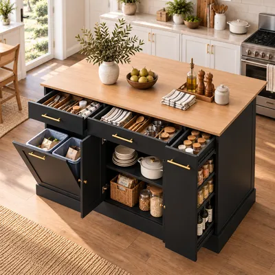 Productafbeelding van Keukeneiland met werkblad en lades, keukenkast met vuilnisbakcompartiment, zijrek en veel opbergruimte, 120*70*91,5 cm, zwart + natuurlijke houtkleur, PB