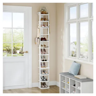 Produktbild von Schuhregal mit 12 Ebenen, Holz-Schuh-Organizer mit Haken, verstellbar, platzsparend, geeignet für Eingang, Flur, Wohnzimmer, 26,5 cm Breite, Weiß